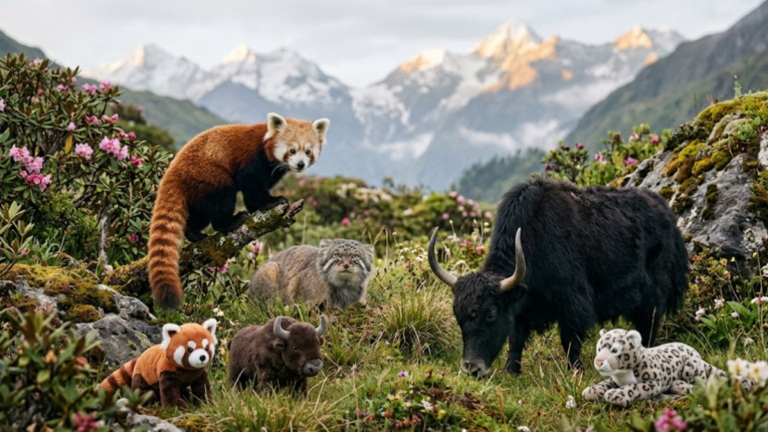 IKEA and Nordens Ark support endangered animals, including a red panda, Pallas's cat and wild yak, in a Himalayan-inspired landscape.