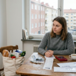 Person reviewing household bills, grocery receipts and Swedish krona in a Stockholm apartment, illustrating the cost of living in Sweden.