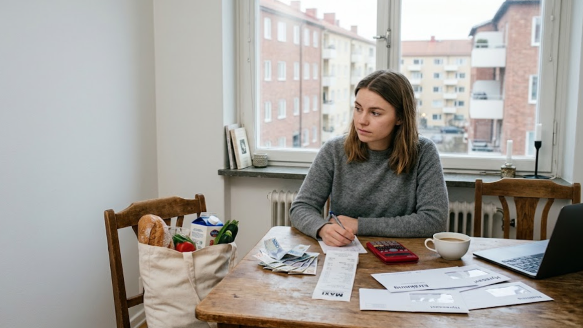 Person reviewing household bills, grocery receipts and Swedish krona in a Stockholm apartment, illustrating the cost of living in Sweden.