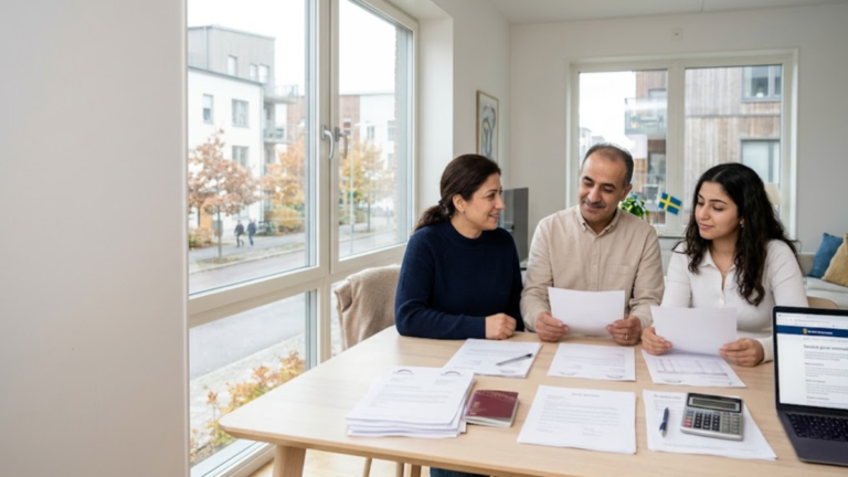 Immigrant family in Sweden reviewing residence permit documents and household income requirements.