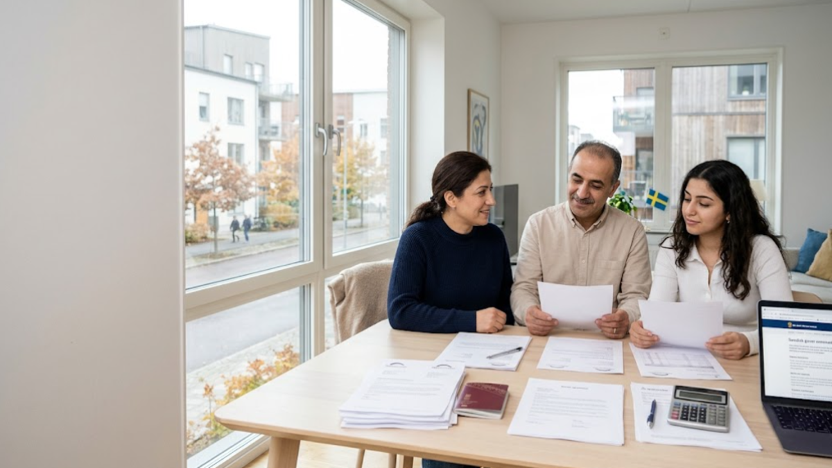 Immigrant family in Sweden reviewing residence permit documents and household income requirements.