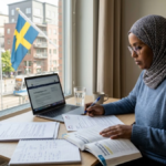 Immigrant preparing Swedish citizenship documents and studying Swedish for the 2026 citizenship requirements.