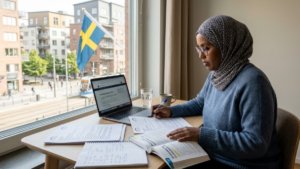 Immigrant preparing Swedish citizenship documents and studying Swedish for the 2026 citizenship requirements.