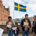 Swedish flag in Stockholm with immigrants representing Sweden’s new citizenship and immigration rules in 2026