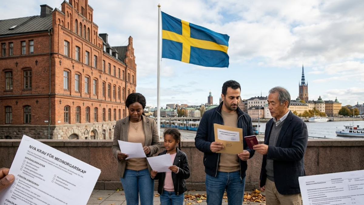 Swedish flag in Stockholm with immigrants representing Sweden’s new citizenship and immigration rules in 2026