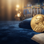 Swedish Nobel Prize medal and Stockholm Concert Hall
