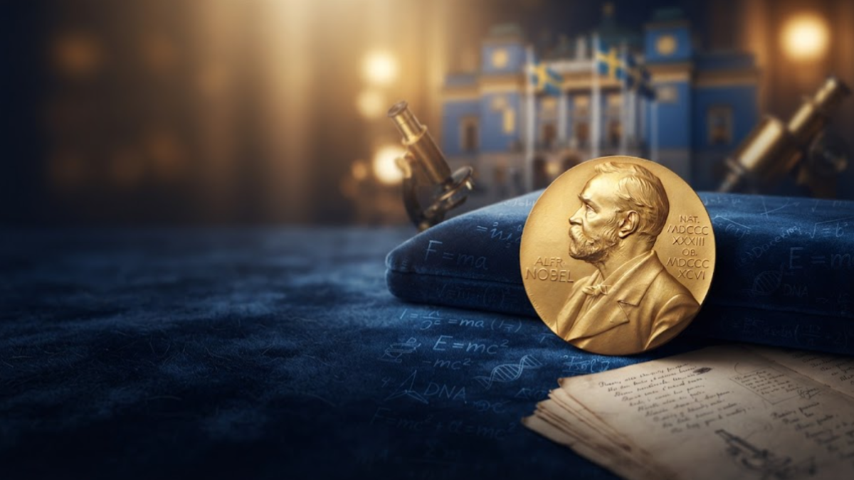 Swedish Nobel Prize medal and Stockholm Concert Hall