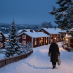 Snow-covered Swedish town glowing with warm window lights during a dark winter evening.