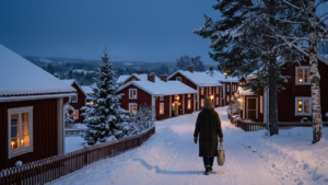 Snow-covered Swedish town glowing with warm window lights during a dark winter evening.