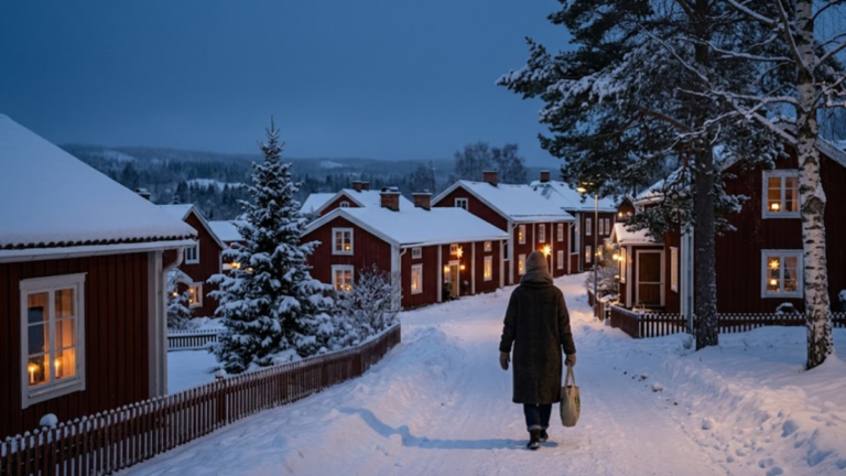 Snow-covered Swedish town glowing with warm window lights during a dark winter evening.